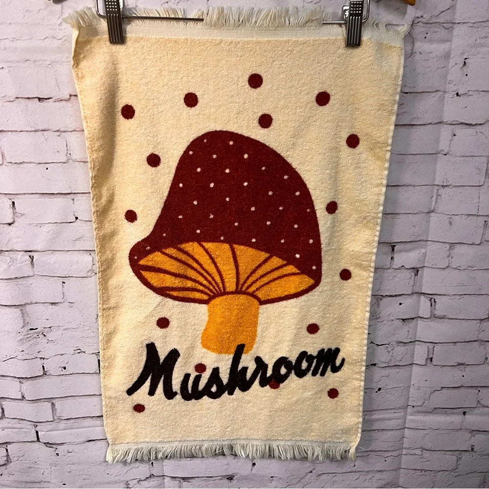 1970s Cannon Mushroom Yellow Kitchen Hand Towel Terry Fringe Vintage MCM